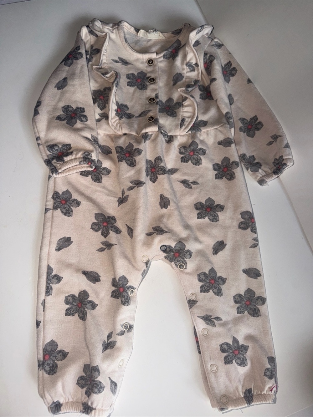 Jessica Simpson Beige Floral Cotton Long Sleeve Ruffle Snap One-Piece 12M